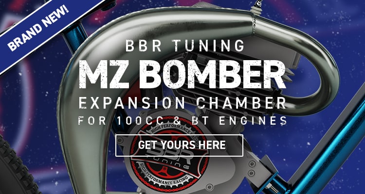 Click here to learn more about the MZ Bomber expansion chamber for 100cc engines and Bullet Train bike engine kits.
