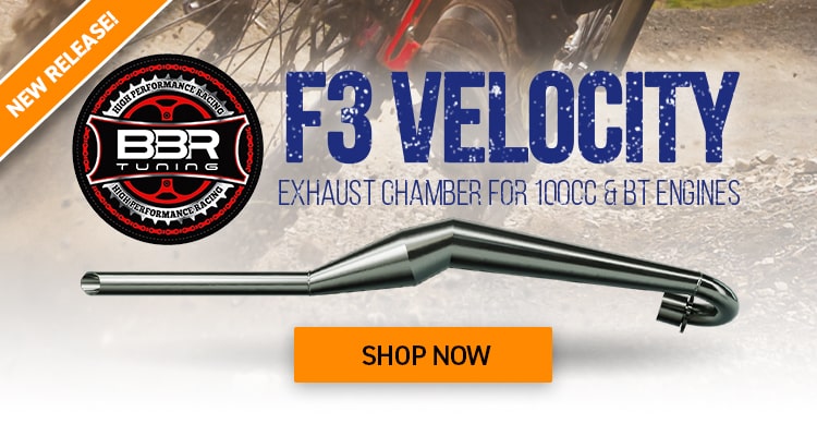 Click here to learn more about the F3 Velocity exhaust chamber for 100cc engines and Bullet Train bike engine kits.