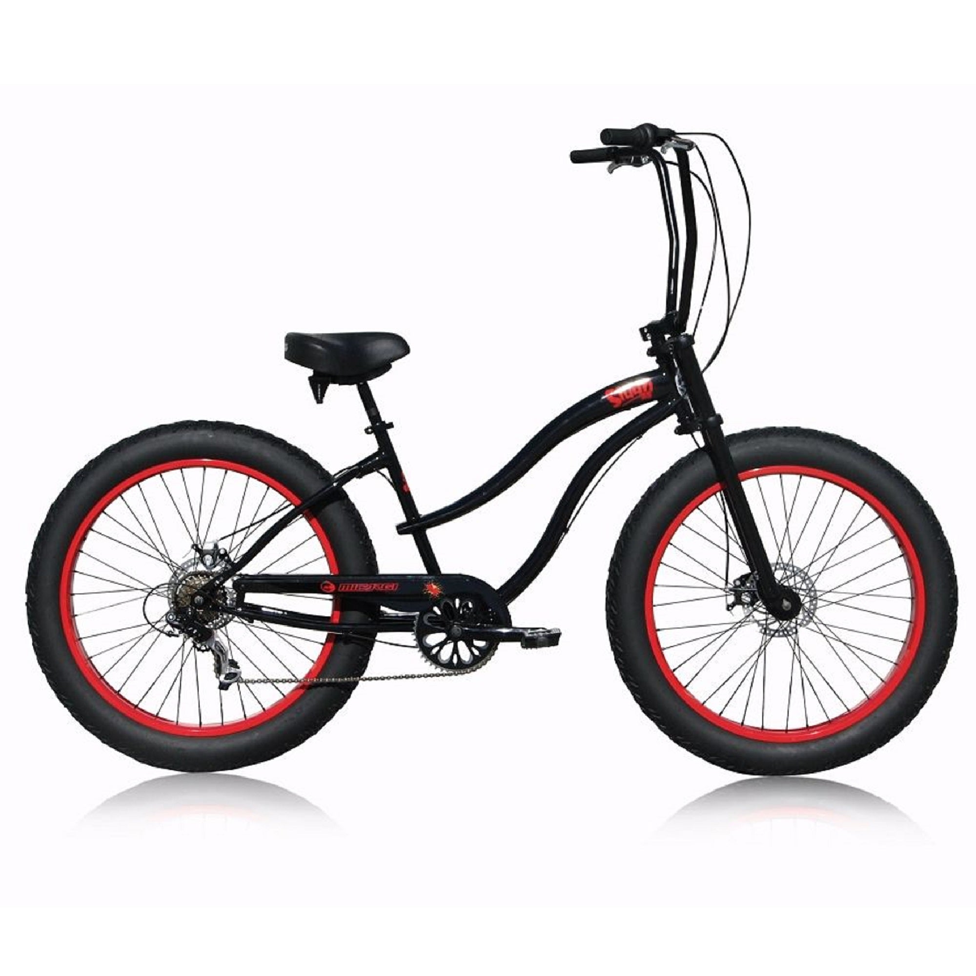 womens red bicycle 26'' Micargi Women's Slugo SS 7SP - Matte Black with Red Rims - Chopper Bikes