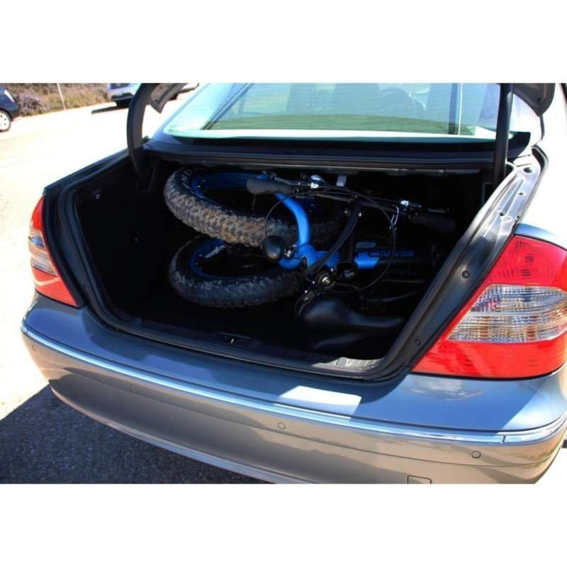 E-Mojo 500W Lynx PRO Fat Tire Folding bicycle folded in trunk of car