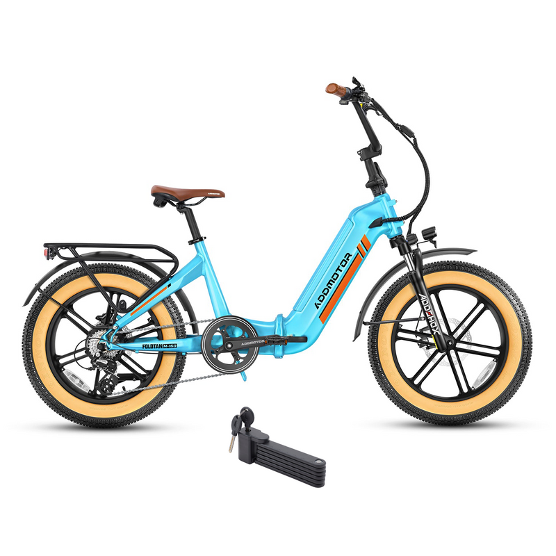 electric bicycle add on Addmotor Folding Electric Bicycle with Fat Tire Foldtan M-160 Built-In Battery Folding Ebike, Sky Blue