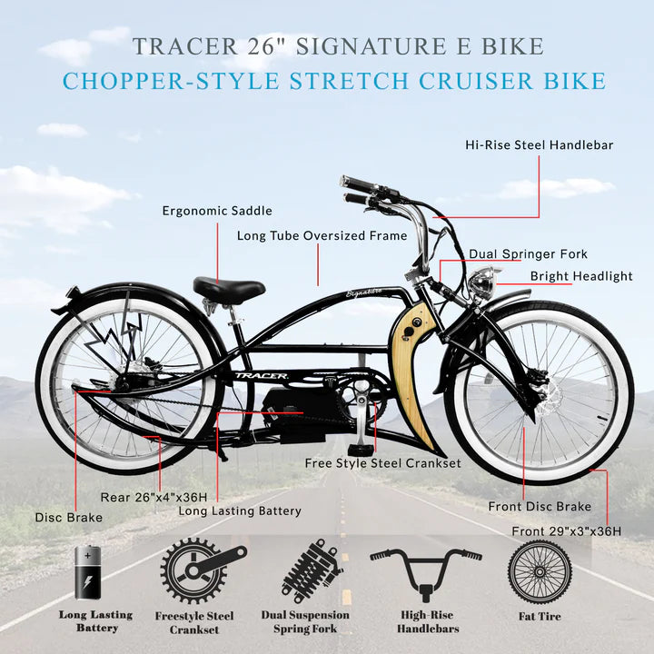 e-chopper electric bicycle Tracer 800W Signature Pro Chopper Cruiser Electric Bike