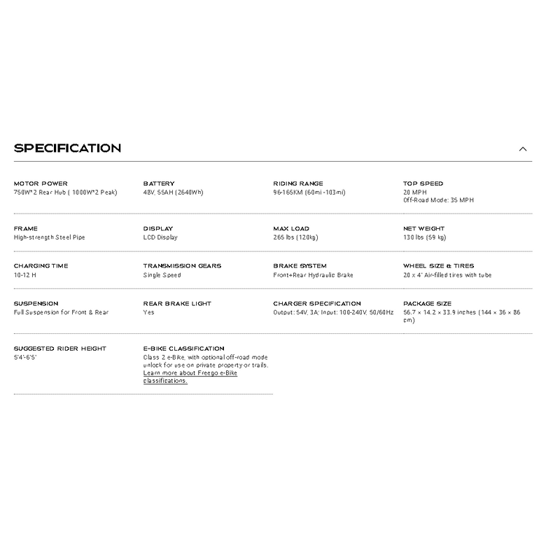 Electric Bike Freego Flash 3 Pro Specifications