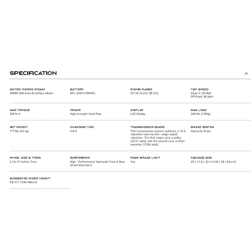 Electric Bike Freego Nova 3 Mid Drive Specifications