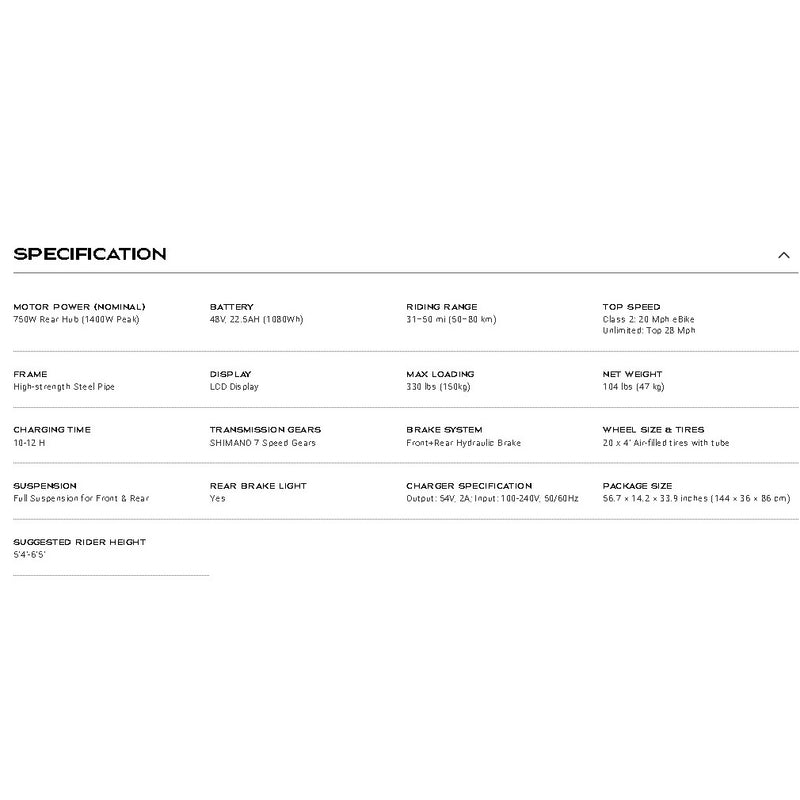Electric Bike Freego S1 Cafe Racer Black Specifications