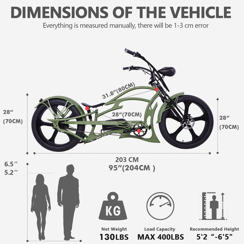 Tracer 800W Raptor Pro DS Chopper Stretch Cruiser  Electric Bike