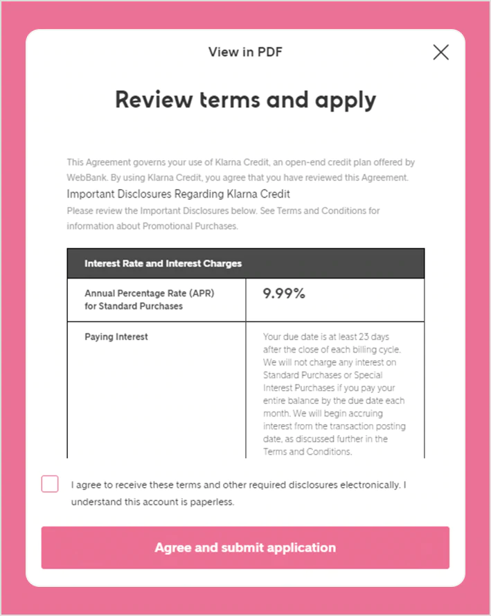 Klarna- Review terms and apply