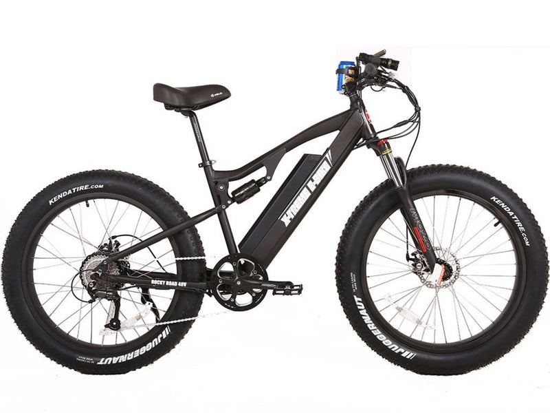 X-Treme 500W Rocky Road Fat Tire Mountain black side of bicycle