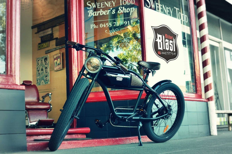 Michael Blast 350/500W T4B - Greaser Cafe Style Black/Black bicycle parked in front of business