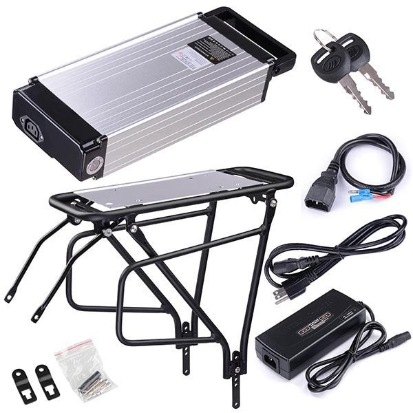 36v 14ah Electric Bicycle Lithium (Li-Ion) Battery with Mounting Rack - battery with rack and components