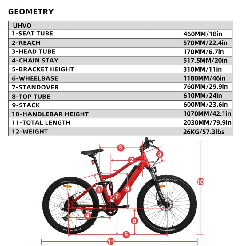 Electric Bike Eunorau UHVO Dimensions