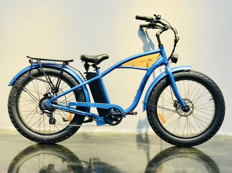 T4B 500W Beach Cruiser Fatbike Fatwave High Step side of blue bicycle