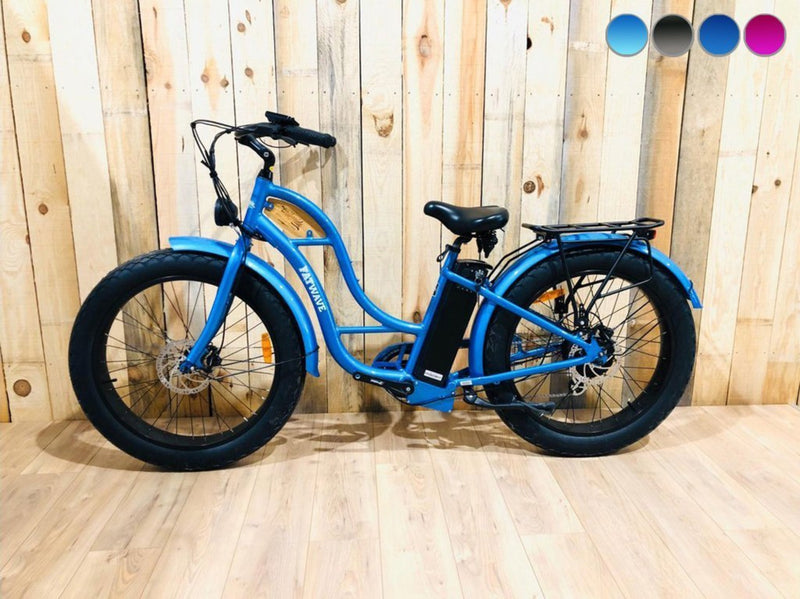 T4B 500W Beach Cruiser Fatbike Fatwave Low Step side of blue bicycle