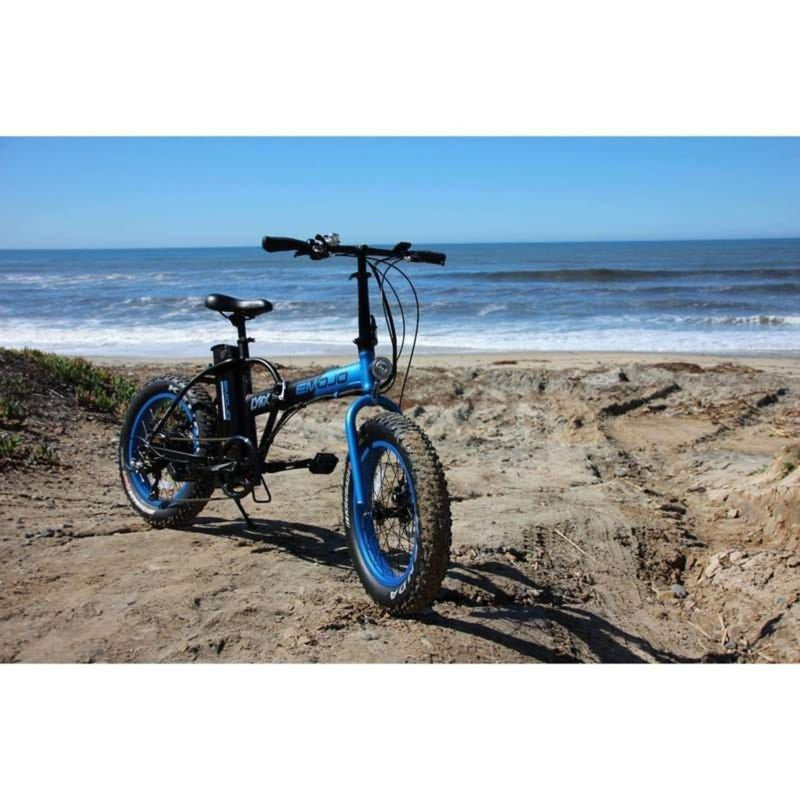E-Mojo 500W Lynx PRO Fat Tire Folding bicycle parked at the beach
