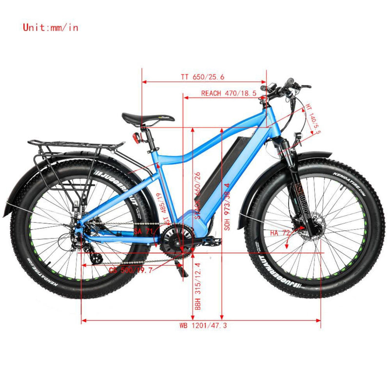 Electric Bike EUNORAU 48V1000W FAT HD All Terrain Fat Tire Mountain Bike Blue Dimensions