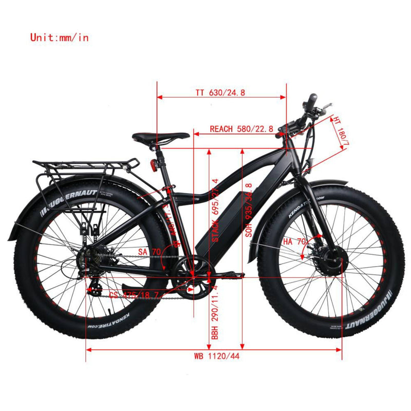 Eunorau 250W+350W Fat AWD Dual Motor Electric Fat tire Bike - bike dimmensions
