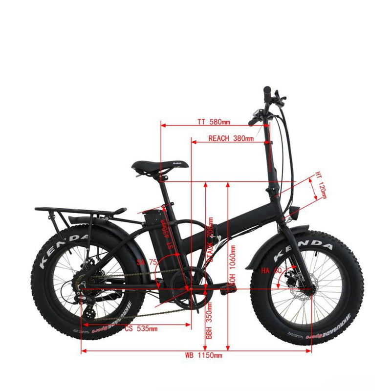 Electric Bike EUNORAU 48V500W 12.5Ah 20" Foldable Fat Tire Step Over Electric Bike For Men Dimensions