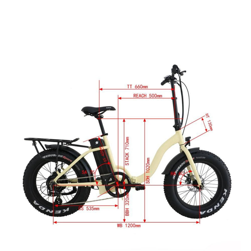 Electric Bike EUNORAU 48V500W 20" Foldable Step Thru Fat Tire Electric Bike Cream Dimensions