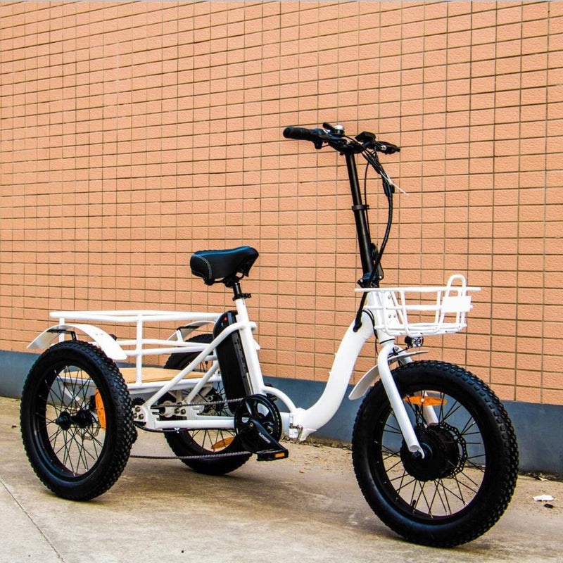 Eunorau 500W Trike 20'' Fat Tire Folding Electric Tricycle - bicycle parked next to building