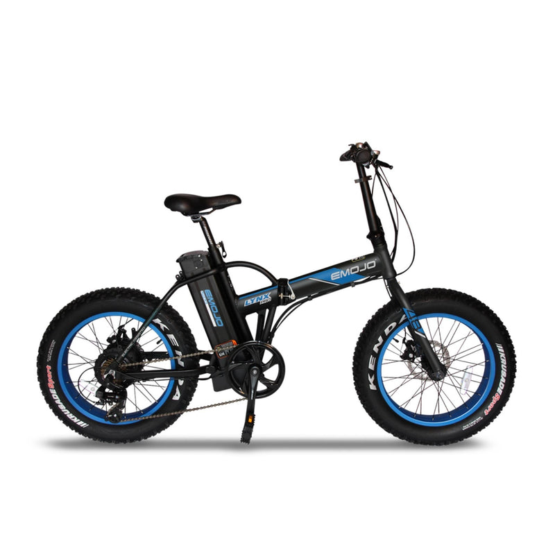 E-Mojo 500W Lynx PRO Fat Tire Folding blue rims bicycle side