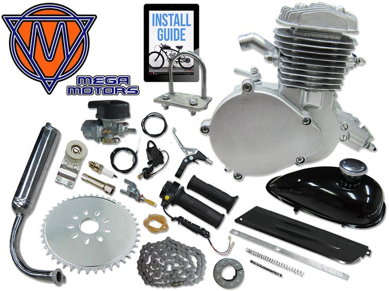 66/80cc Mega Motors Silver Bicycle Engine Kit- 2 Stroke - engine with parts