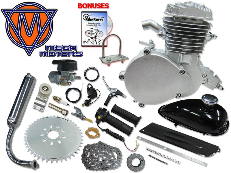 66/80cc Mega Motors Silver Bicycle Engine Kit- 2 Stroke - engine with parts