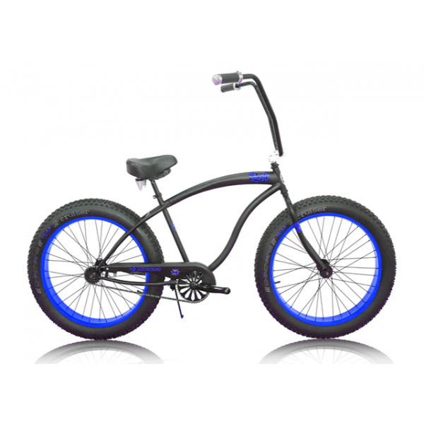 26'' Micargi Men's Slugo A - black with blue rims - side of bicycle